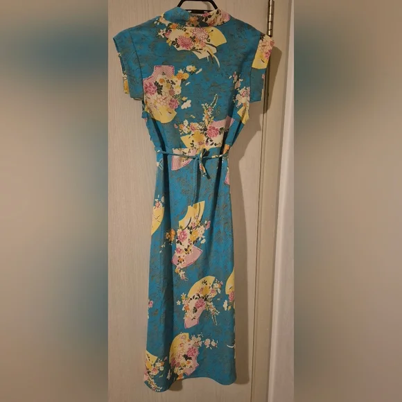 Melissa M Floral Faux-Wrap Midi Dress — Teal Multi (S) - Picture 2 of 4